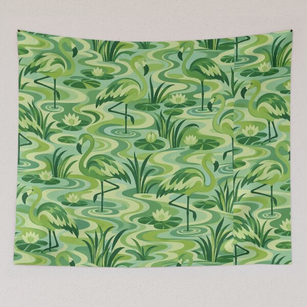 Item preview, Green Flamingo Pond Pattern – Groovy Ripples and Water Lilies designed and sold by Paper-Pickle.