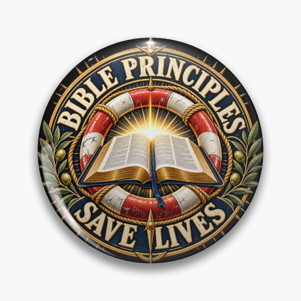 Item preview, Principles Save Lives – Vintage Christian Faith Badge with Open Bible and Lifebuoy designed and sold by Emoji Emblems.