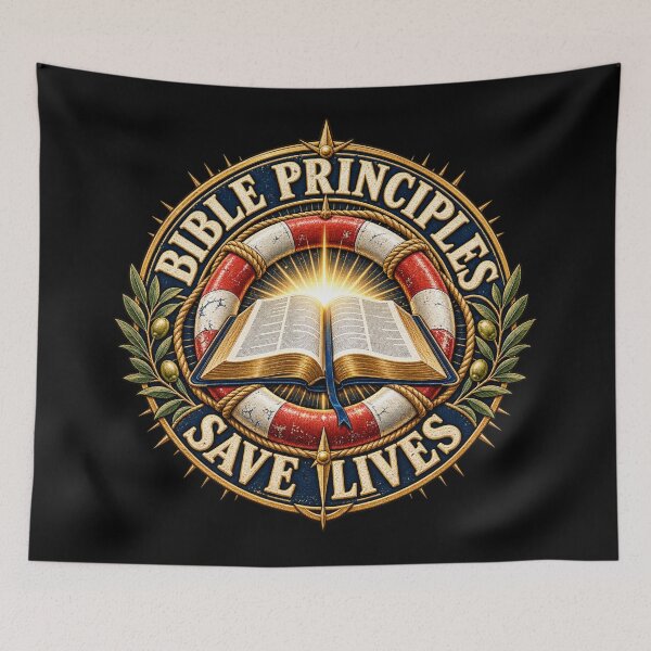Item preview, Principles Save Lives – Vintage Christian Faith Badge with Open Bible and Lifebuoy designed and sold by Emoji Emblems.