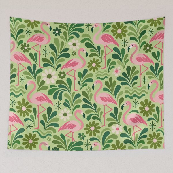 Item preview, Pink Flamingo Pattern – Retro Green Botanicals and Daisies designed and sold by Paper-Pickle.