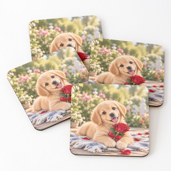 Item preview, Golden Puppy with a Red Rose - Sweet Puppy Love designed and sold by Wild Bloom Paws.
