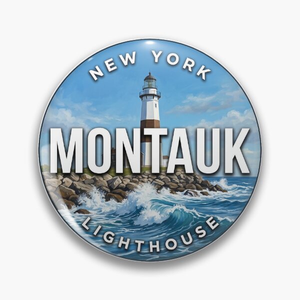 Item preview, Montauk Lighthouse New York Rocky Shore Round Badge Sticker designed and sold by DetourDgn.