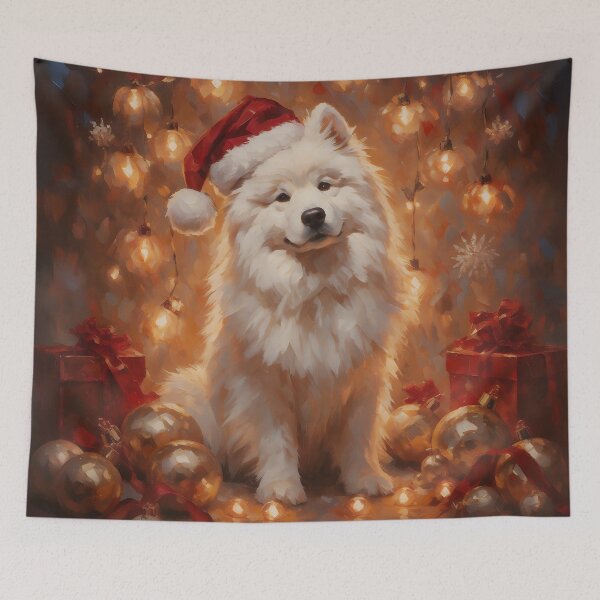 Item preview, Fluffy Samoyed Christmas Dog Art – Festive Santa Hat and Golden Lights designed and sold by cr6zym1nd.