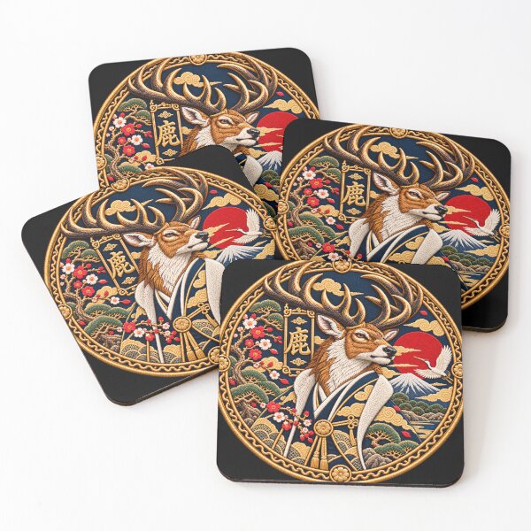 Item preview, Japanese Embroidered Stag – Majestic Deer in Traditional Kimono with Mount Fuji and Rising Sun designed and sold by Emoji Emblems.