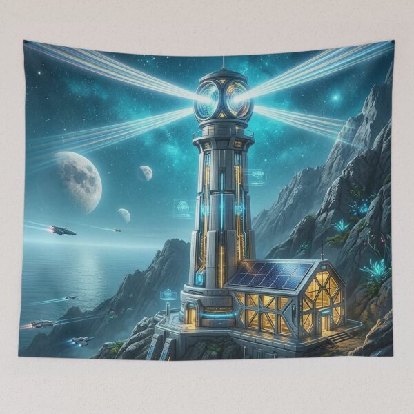 Item preview, Futuristic Sci Fi Space Lighthouse Cosmic Beacon Alien Planet Galaxy Wall Art designed and sold by Dogandesighn.