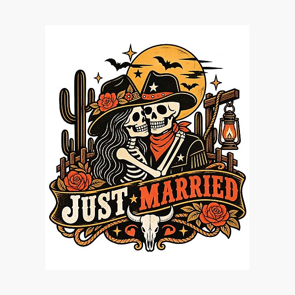 Item preview, Spooky Western Just Married Skeleton Couple designed and sold by teesterra.