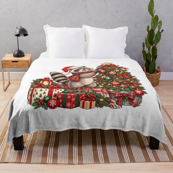 Item preview, Vintage Christmas Raccoon Decorating Tree Cute Holiday Design designed and sold by LandFinStudio.