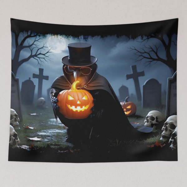 Item preview, Raven Halloween Graveyard with Pumpkins and Skulls designed and sold by NaturePrints.