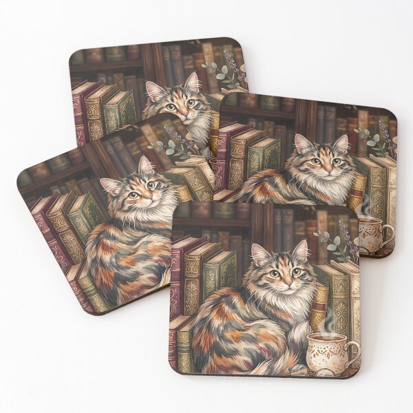 Item preview, Curious Cat in a Cozy Vintage Bookshop designed and sold by Ammar Studio.