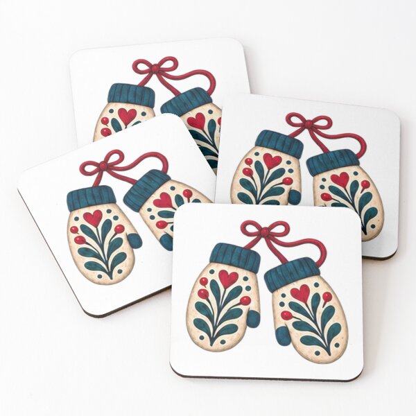 Item preview, Folk Floral Mittens with Red Hearts, Nordic Winter designed and sold by H. Doucette Studio.