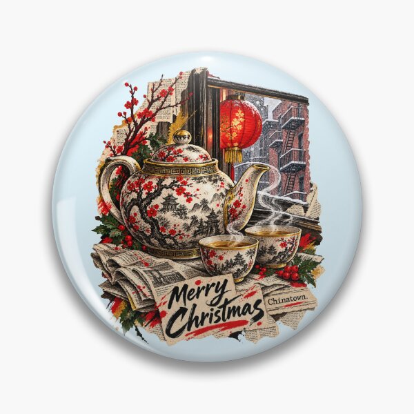 Item preview, A steaming teapot announces Christmas among Chinatown lanterns designed and sold by Honu2025.