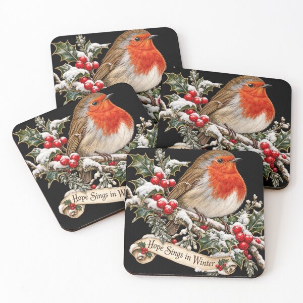 Item preview, Winter Robin on Snowy Holly Branch – Vintage Botanical Bird Art | Hope Sings in Winter designed and sold by Emoji Emblems.