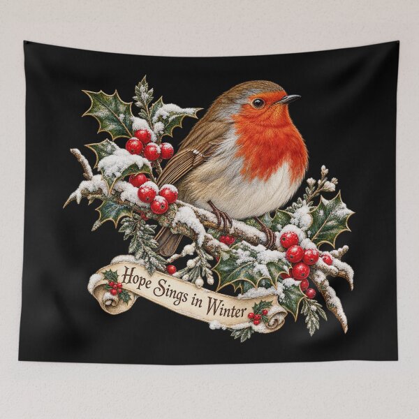 Item preview, Winter Robin on Snowy Holly Branch – Vintage Botanical Bird Art | Hope Sings in Winter designed and sold by Emoji Emblems.