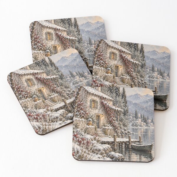 Item preview, Rustic Winter Lake Cottage Oil Painting Snow Scene designed and sold by Jozefin's Studio.