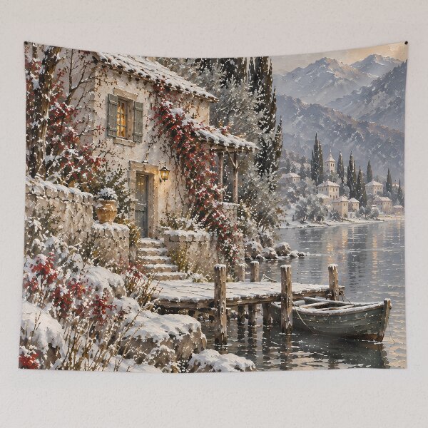 Item preview, Rustic Winter Lake Cottage Oil Painting Snow Scene designed and sold by Jozefin's Studio.