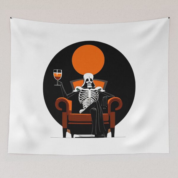 Item preview, Skeleton Sits in Red Armchair with Wine designed and sold by For-Cat Studio.