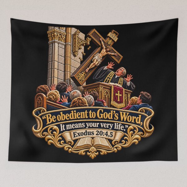 Item preview, Bible Obedience Warning – Falling Crucifix on Preacher | Exodus 20:4–5 Christian Embroidered Art designed and sold by Emoji Emblems.