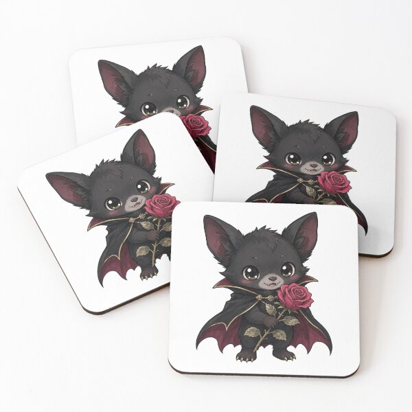 Item preview, Chibi Vampire Bat in Velvet Cape Offering Rose designed and sold by Moonlit Tower Art.