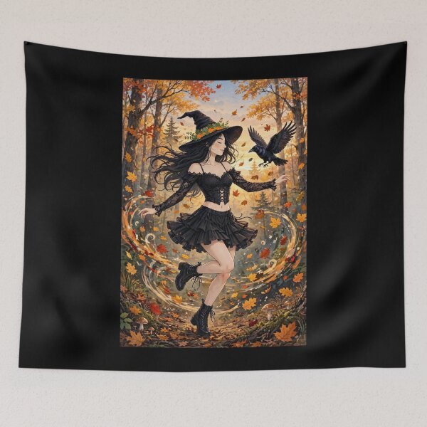 Item preview, Enchanting Autumn Witch Dancing in a Whirlwind of Leaves. designed and sold by DibujandoPorfa.