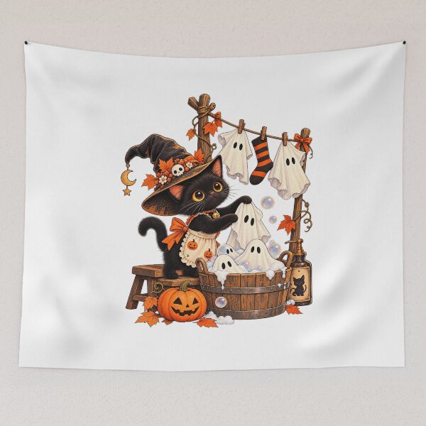 Item preview, Haunted Laundry Black Cat Halloween Vintage Witch Kitten Ghosts designed and sold by RAYOUS.