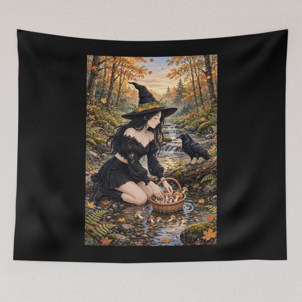 Item preview, Seductive Autumn Witch Gathering Magical Mushrooms by the River. designed and sold by DibujandoPorfa.