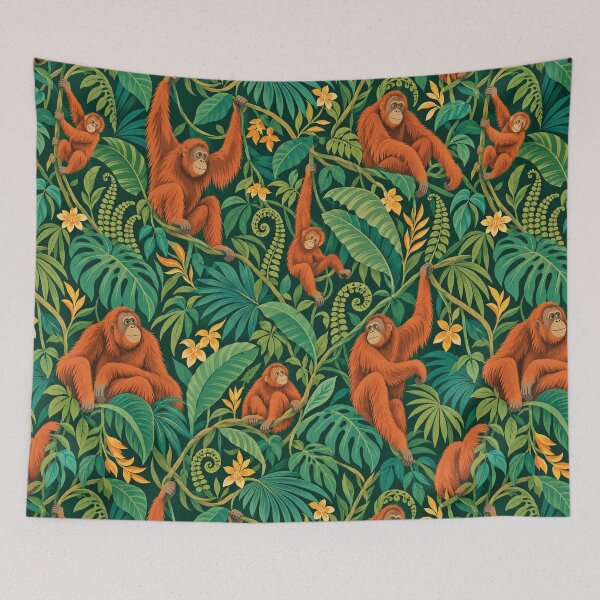 Item preview, Midnight Rainforest – Orangutan Pattern with Dark Green Jungle Foliage designed and sold by Paper-Pickle.