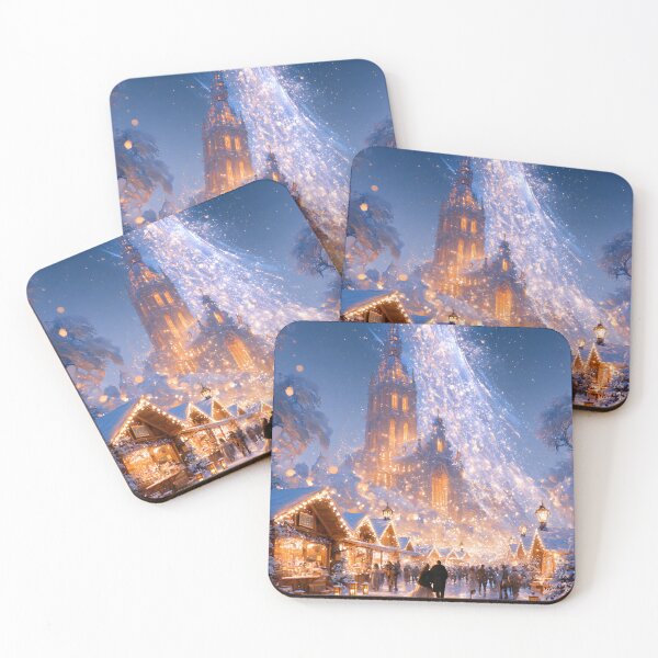 Item preview, Christmas Market with Wooden Stalls at Dusk designed and sold by VisionaryVeils.