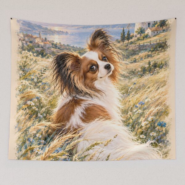 Item preview, Papillon Dog in Wildflower Meadow – Impressionist Oil Painting designed and sold by ManJiangHong.