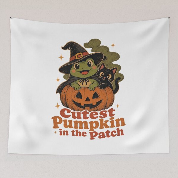Item preview, Cutest Pumpkin in the Patch Vintage Witch Frog & Black Cat | Retro Jack-o'-Lantern Illustration & Autumn Nursery Art designed and sold by illeN-Art-World.