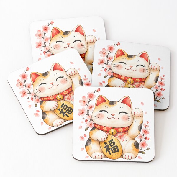 Item preview, Watercolor maneki neko cat with lucky coin designed and sold by Art of Sun.