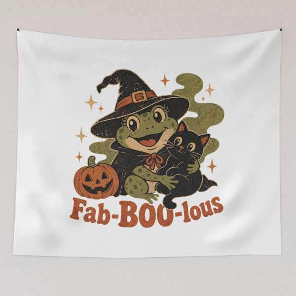 Item preview, Fab-BOO-lous Vintage Witch Frog Hugging Black Cat | Retro Halloween Pumpkin Illustration & Funny Spooky Season Design designed and sold by illeN-Art-World.