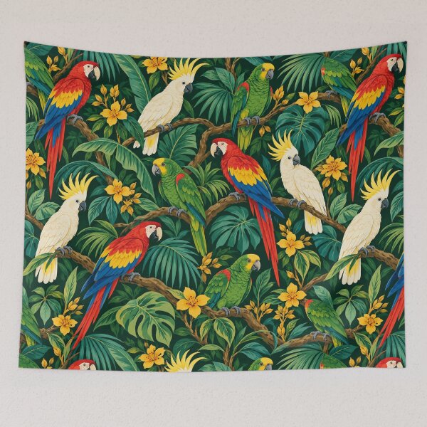 Item preview, Midnight Aviary – Parrot and Cockatoo Pattern with Dark Jungle Leaves designed and sold by Paper-Pickle.
