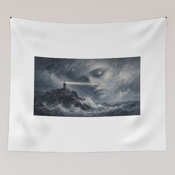 Item preview, The Sleeper Tide – Hidden Face Storm Lighthouse, Dark Surreal Optical Illusion Wall Art designed and sold by EidolonUnseen.