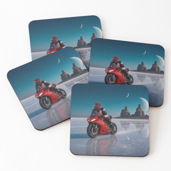 Item preview, Mitchk on the Salt Flat Mirror - Motorcycle Rider Crossing a Mirror of Salt Toward Stone Giants at Dusk designed and sold by KGOart.