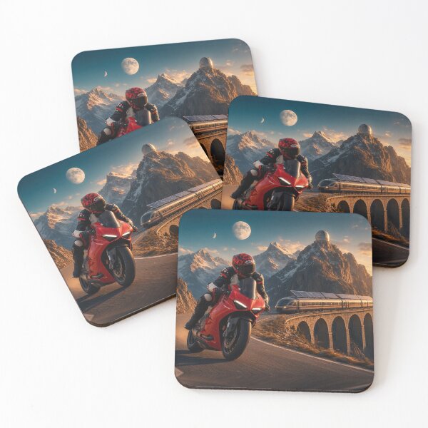 Item preview, Mitchk on the Alpine Pass - Motorcycle Rider Racing the Sunset Past a Solar Train and Snowy Peaks designed and sold by KGOart.