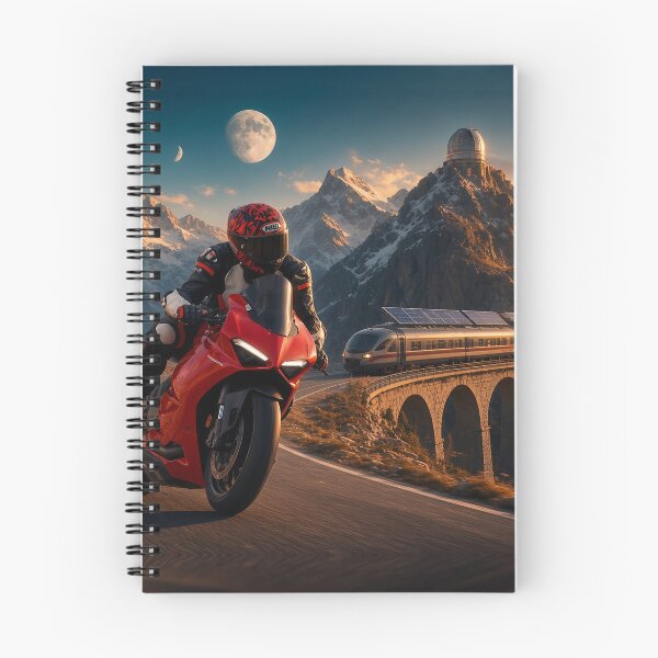 Item preview, Mitchk on the Alpine Pass - Motorcycle Rider Racing the Sunset Past a Solar Train and Snowy Peaks designed and sold by KGOart.