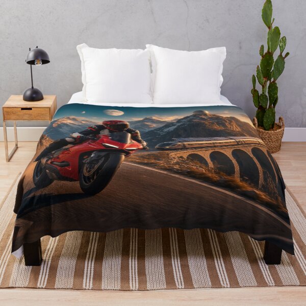 Item preview, Mitchk on the Alpine Pass - Motorcycle Rider Racing the Sunset Past a Solar Train and Snowy Peaks designed and sold by KGOart.