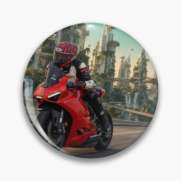 Item preview, Mitchk on the Solarpunk Skyway - Motorcycle Rider Leaning Through a Green City of Gardens and Waterfalls designed and sold by KGOart.