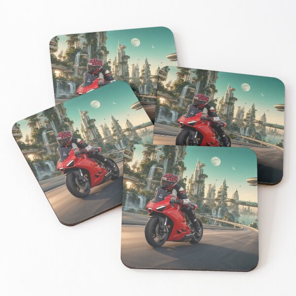 Item preview, Mitchk on the Solarpunk Skyway - Motorcycle Rider Leaning Through a Green City of Gardens and Waterfalls designed and sold by KGOart.