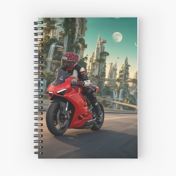 Item preview, Mitchk on the Solarpunk Skyway - Motorcycle Rider Leaning Through a Green City of Gardens and Waterfalls designed and sold by KGOart.