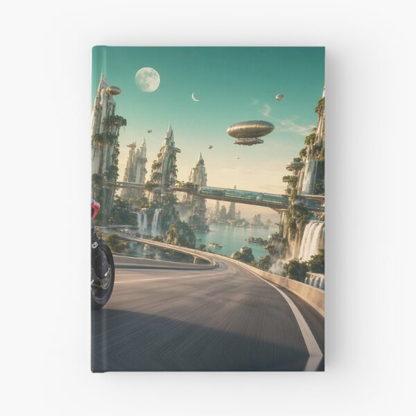 Item preview, Mitchk on the Solarpunk Skyway - Motorcycle Rider Leaning Through a Green City of Gardens and Waterfalls designed and sold by KGOart.