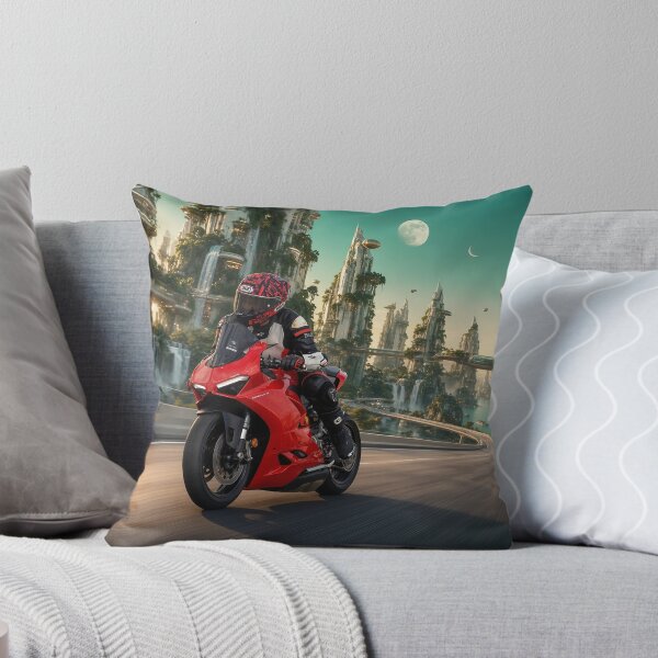 Item preview, Mitchk on the Solarpunk Skyway - Motorcycle Rider Leaning Through a Green City of Gardens and Waterfalls designed and sold by KGOart.