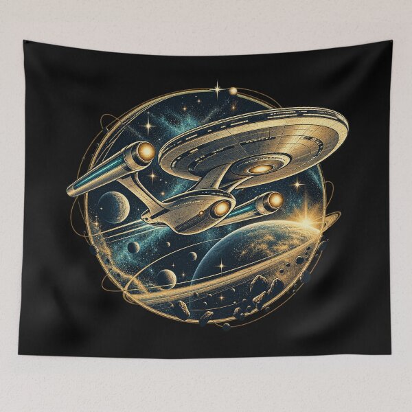 Item preview, Retro Starship Exploring a Golden Cosmic Galaxy designed and sold by Kate1art.