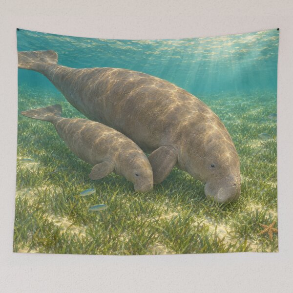 Item preview, The Sea Cow — Dugong Mother and Calf over a Seagrass Meadow, Ocean Wildlife Art designed and sold by mushizaman.