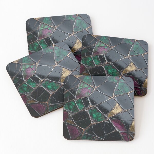 Item preview, Black Stained Glass Mosaic Kintsugi Emerald Green Magenta Gold Veins Art designed and sold by Dogandesighn.