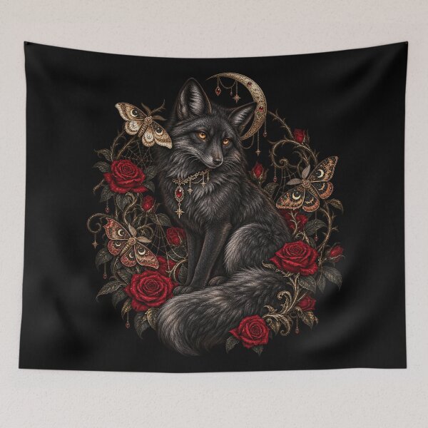 Item preview, Gothic Black Fox with Roses and Celestial Moths designed and sold by Kate1art.