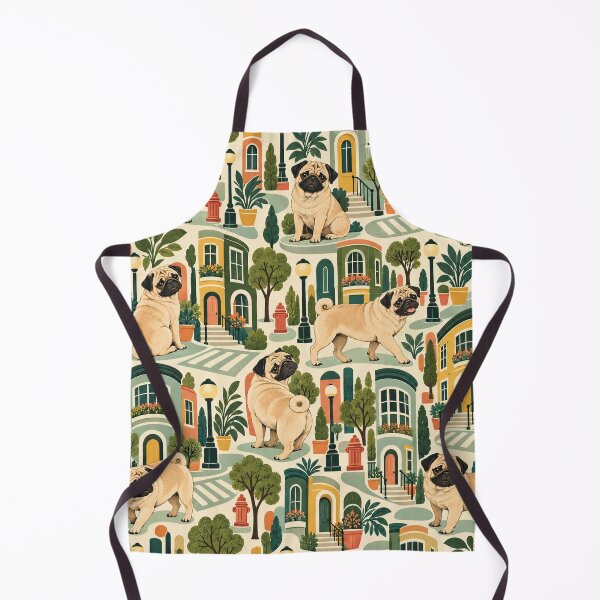 Item preview, Pug City Stroll – Retro Dog Pattern with Colorful Townhouses designed and sold by Paper-Pickle.