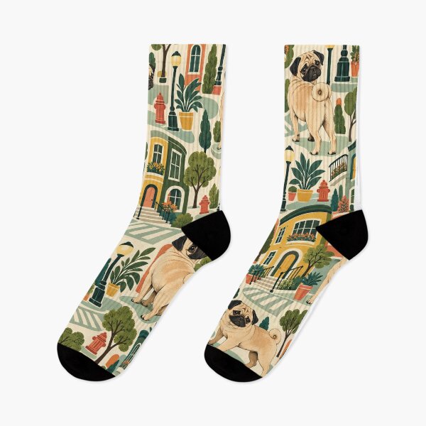 Item preview, Pug City Stroll – Retro Dog Pattern with Colorful Townhouses designed and sold by Paper-Pickle.