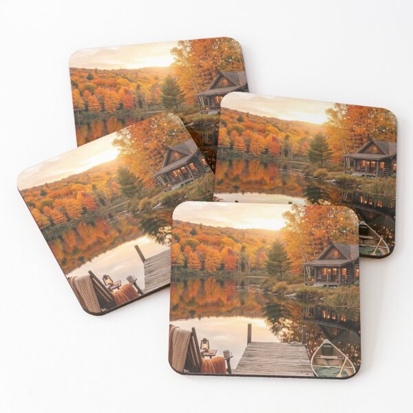 Item preview, Cozy Autumn Cabin by the Lake — Fall Landscape Dock & Canoe Aesthetic Art designed and sold by LYAN-STORE.