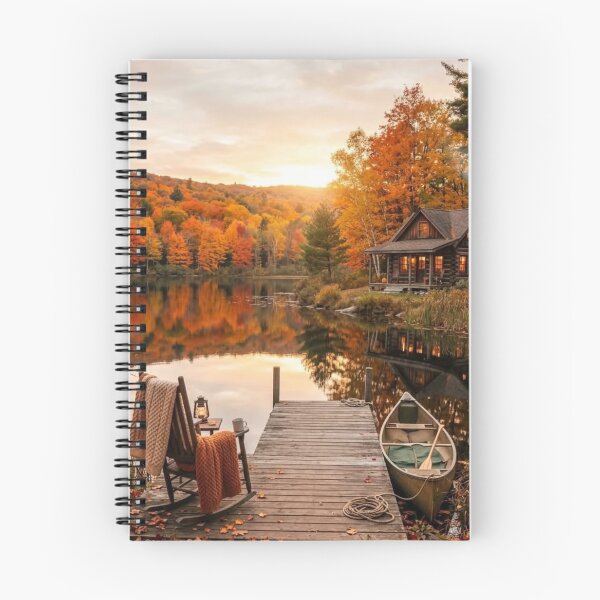 Item preview, Cozy Autumn Cabin by the Lake — Fall Landscape Dock & Canoe Aesthetic Art designed and sold by LYAN-STORE.